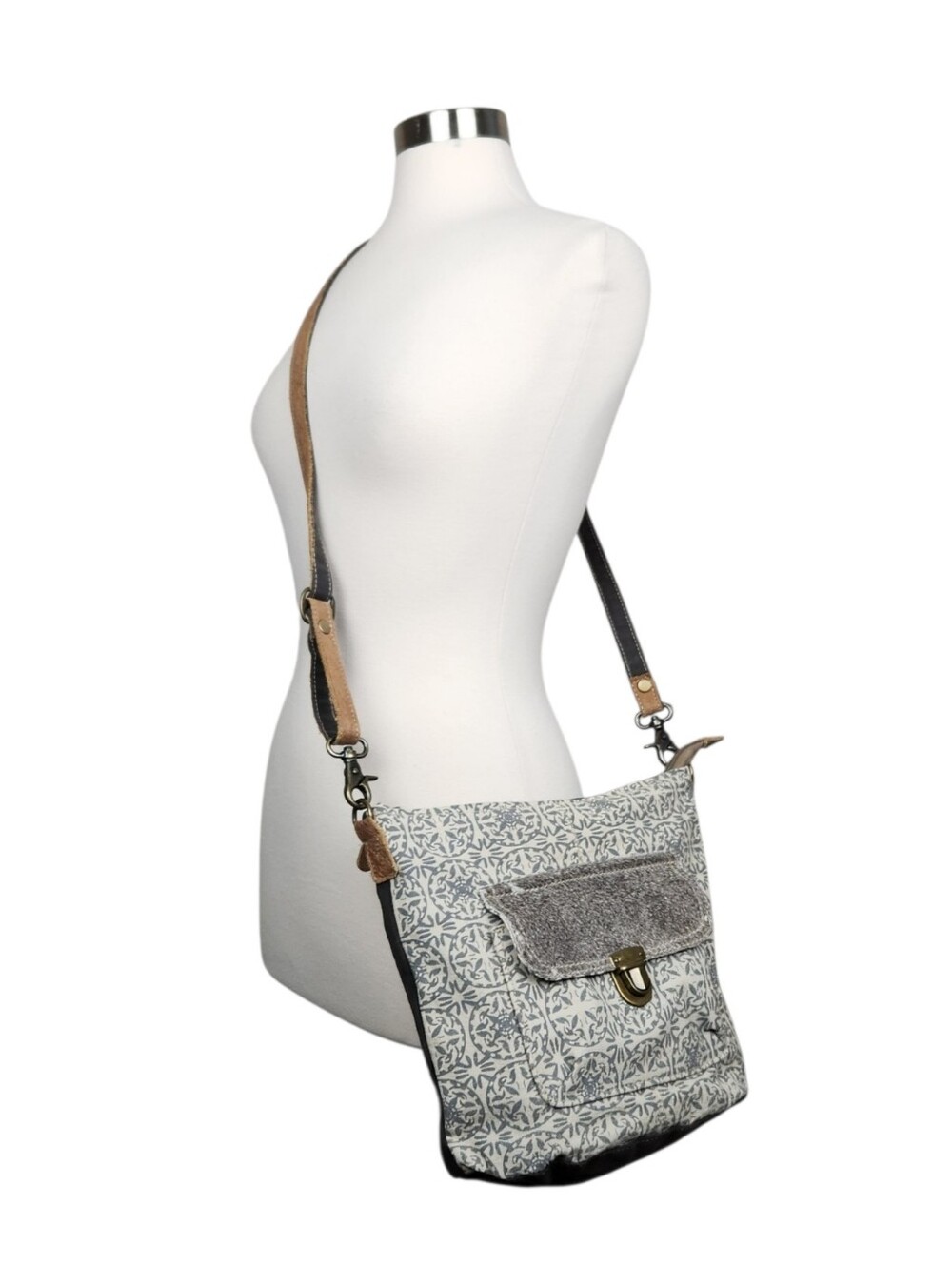 Myra Bag Doya Cotton Carve Upcycled Canvas Calfhair Crossbody Purse Shoulder Bag